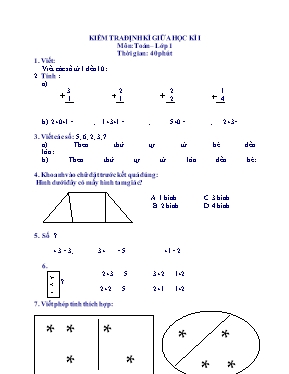 Bộ đề kiểm tra định kỳ giữa học kỳ 1 môn Toán Lớp 1